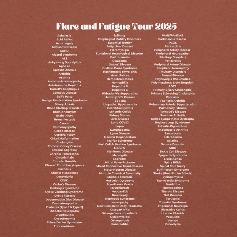 Flare and Fatigue Tour – Retro Sunburst Dark Tee Edition | Funny Chronic Illness Shirt