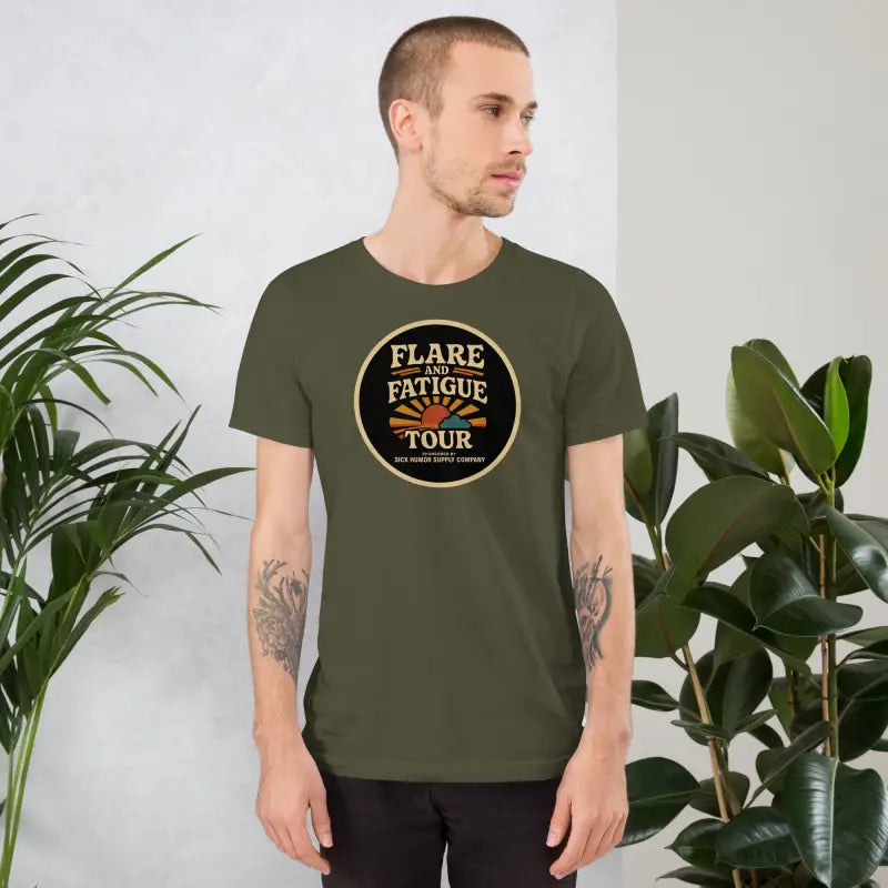 Flare and Fatigue Tour – Retro Sunburst Dark Tee Edition | Funny Chronic Illness Shirt