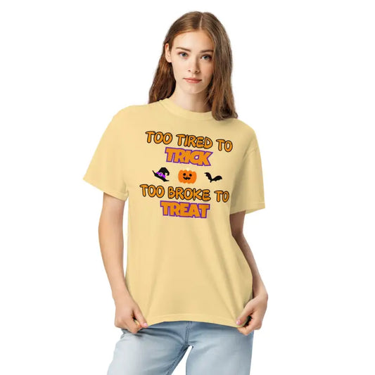 Too Tired to Trick Too Broke to Treat Shirt | Funny Spoonie Halloween Comfort Colors Tee