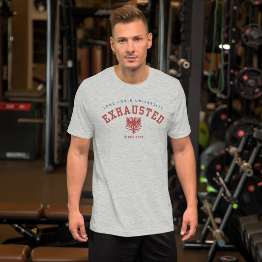 Long COVID University EXHAUSTED Since 2020 T-Shirt_Blue and Red Logo