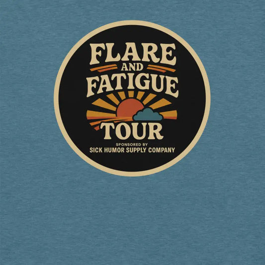 Flare and Fatigue Tour – Retro Sunburst Dark Tee Edition | Funny Chronic Illness Shirt