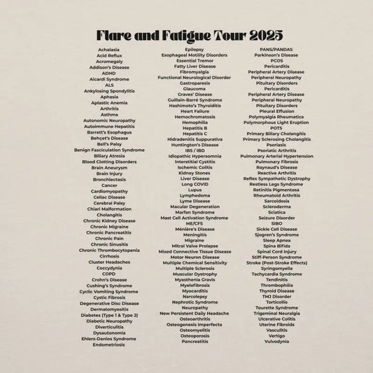Flare and Fatigue Tour – Retro Sunset Logo Edition | Funny Chronic Illness Shirt