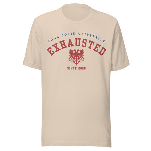 Long COVID University EXHAUSTED Since 2020 T-Shirt_Blue and Red Logo